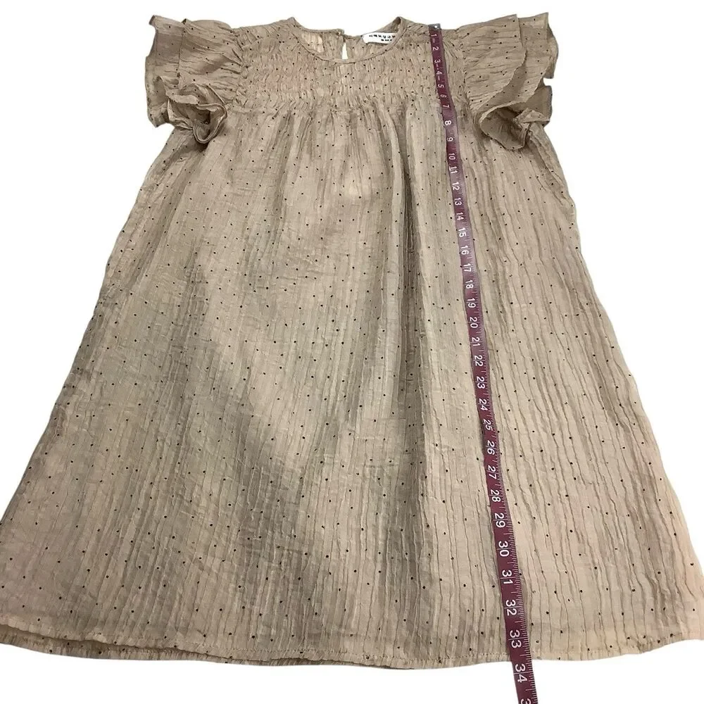 Women M Smocked Flutter Sleeve Mini Knee Dress Tan Dot Sheer Chifon Kawaii Fairy
